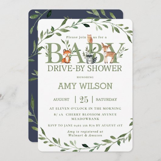 Waldtiere Grünantrieb mit Babydusche Einladung (Vorne/Hinten)