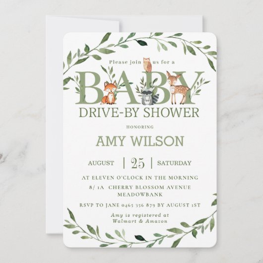 Waldtiere Grünantrieb mit Babydusche Einladung (Vorderseite)