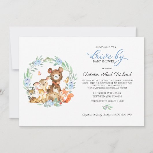 Waldtiere Grünantrieb mit Babydusche Einladung (Vorderseite)