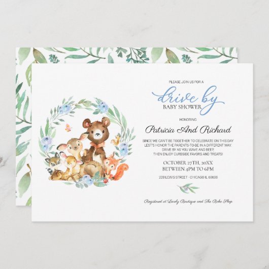 Waldtiere Grünantrieb mit Babydusche Einladung (Vorne/Hinten)