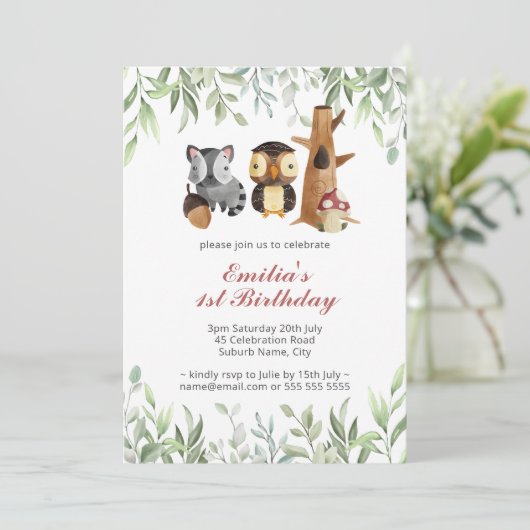 Waldtiere Grüne 1. Geburtstag Einladung (Stehend Vorderseite)