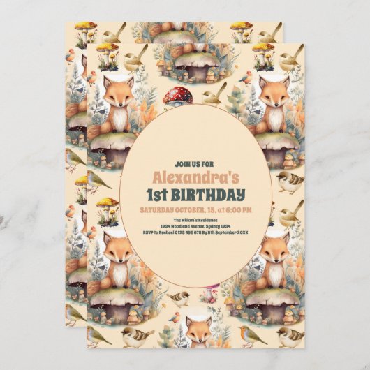 Waldtiere Grüne 1. Geburtstag Einladung (Vorne/Hinten)