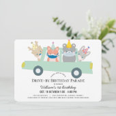 Waldtiere Grüne Autos zum Geburtstag Einladung (Stehend Vorderseite)