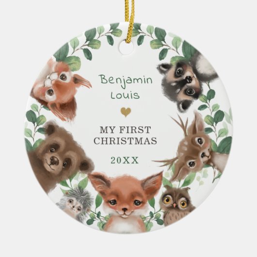 Waldtiere Grüne Kleider 1. Weihnachtsfest Keramik Ornament (Vorne)