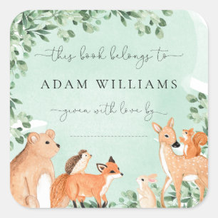 Waldtiere Grünes Exlibris-Aufkleber Quadratischer Aufkleber