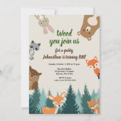 Waldtiere Grünpflanzen 1. Geburtstag Einladung (Vorderseite)