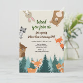 Waldtiere Grünpflanzen 1. Geburtstag Einladung (Stehend Vorderseite)