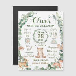 Waldtiere Grünpflanzen Baby Birth Print Stats Magnetkarte