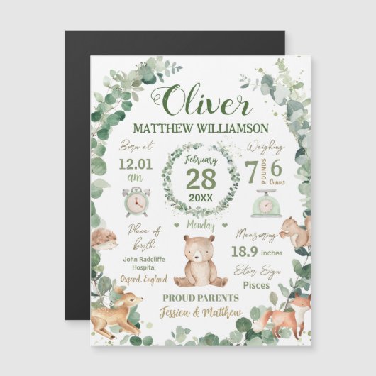 Waldtiere Grünpflanzen Baby Birth Print Stats Magnetkarte (Vorne/Hinten)