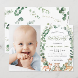 Waldtiere Grünpflanzen Geburtstagsparty Foto Einladung