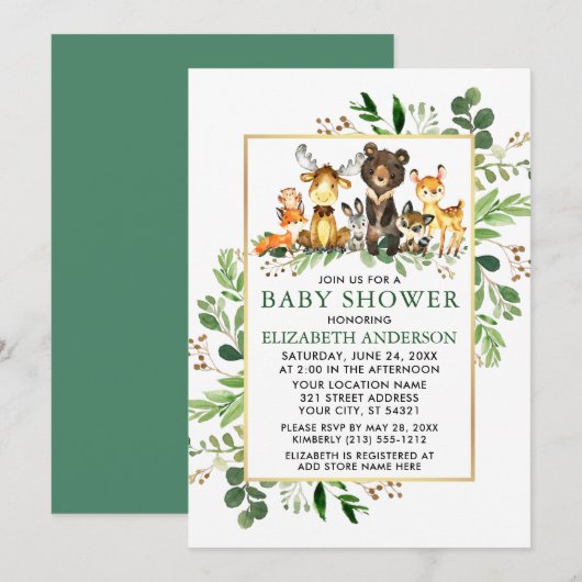 Waldtiere Grünpflanzen Gold Frame Baby Dusche Einladung (Vorne/Hinten)
