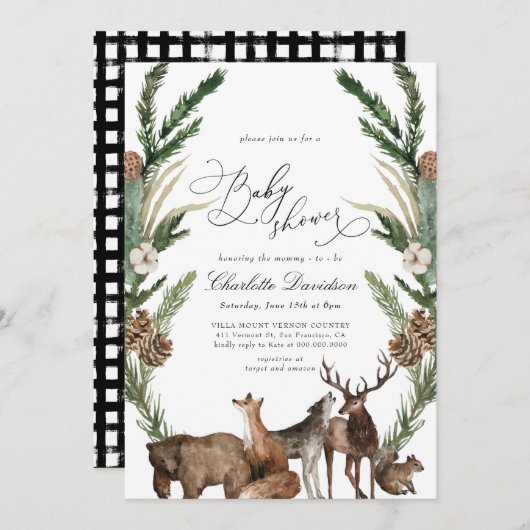 Waldtiere Grünpflanzen Kinderdusche Einladung (Vorne/Hinten)