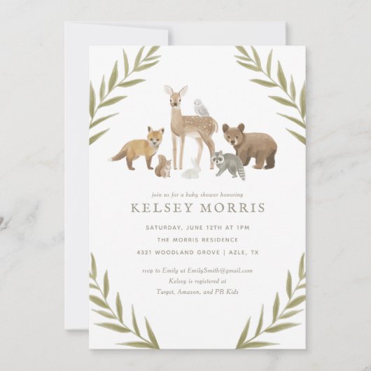 Waldtiere Grünpflanzen Kinderdusche Einladung (Vorderseite)