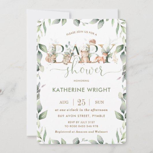 Waldtiere Grünpflanzen Kinderdusche Junge Mädchen Einladung (Vorderseite)