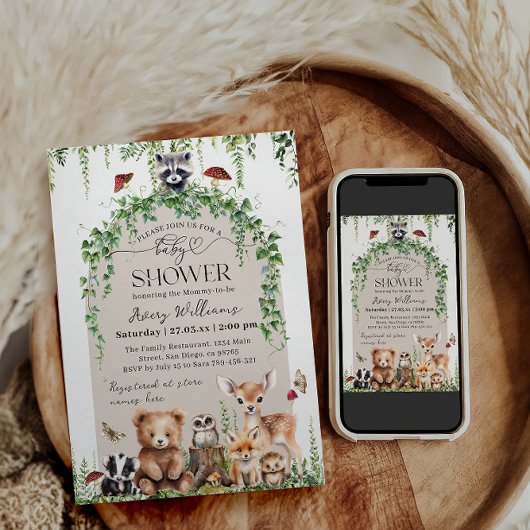 Waldtiere Grünpflanzen Mushroom Kinderdusche Einladung