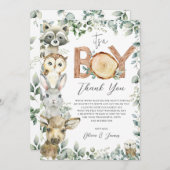 Waldtiere Grünpflanzen Wood Boy Babydusche Dankeskarte (Vorne/Hinten)