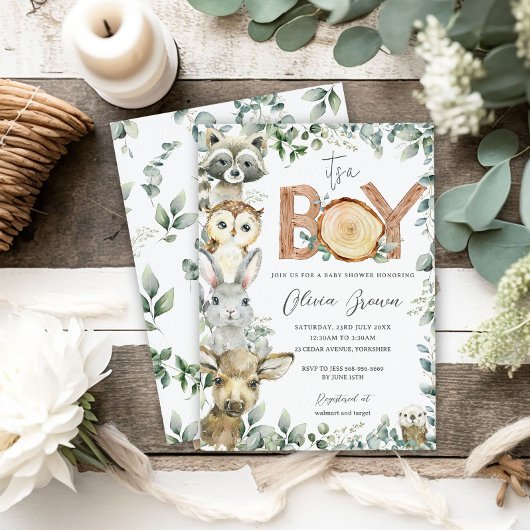 Waldtiere Grünpflanzen Wood Boy Babydusche Einladung