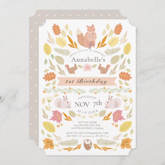 Waldtiere Herbst Blätter 1. Geburtstag Einladung (Vorne/Hinten)