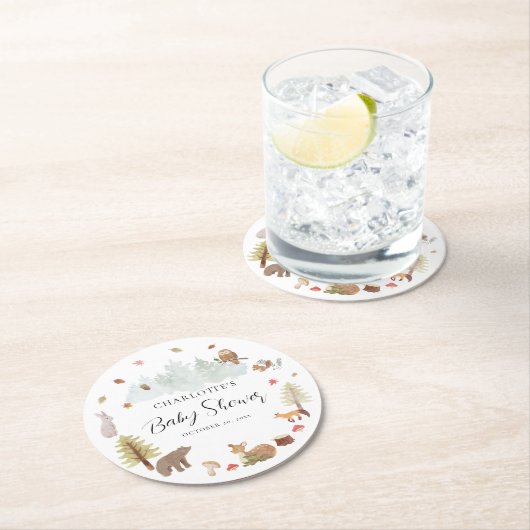 Waldtiere Herbst-Kinderdusche Runder Pappuntersetzer (Vor Ort)