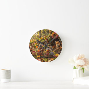Waldtiere Herbsternte Fantasie Whimsical Runde Wanduhr