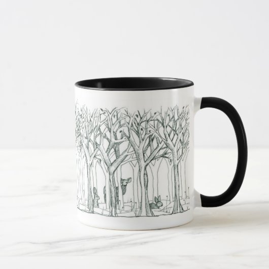 Waldtiere Hirsche Hasen Winterbaume Kunst Tasse (Rechts)
