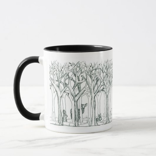 Waldtiere Hirsche Hasen Winterbaume Kunst Tasse (Links)