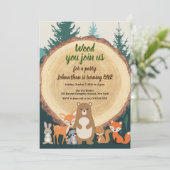 Waldtiere, Holz geschnitten 1. Geburtstag Einladung (Stehend Vorderseite)