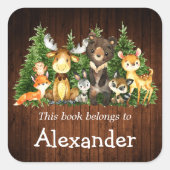 Waldtiere Holz Print Buchzeichen Label Quadratischer Aufkleber (Vorderseite)
