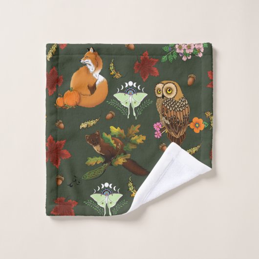 Waldtiere im Herbst grün Badhandtuch Set (Waschlappen)