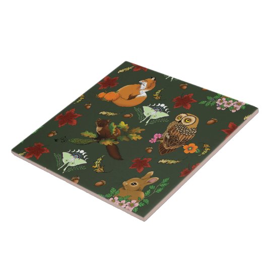 Waldtiere im Herbst grün Fliese (Seite)