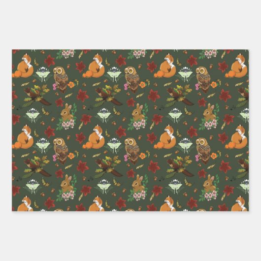 Waldtiere im Herbst grün Geschenkpapier Set (Vorderseite)