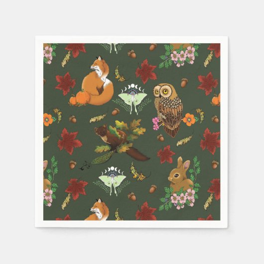 Waldtiere im Herbst grün Serviette (Vorderseite)