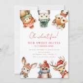 Waldtiere im Winter 1. Geburtstag Party Einladung (Vorderseite)