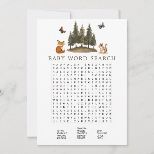 Waldtiere in Wäldern Baby Word Search Game Einladung (Vorderseite)