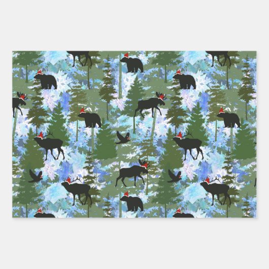 Waldtiere in Weihnachtsmannmützen Geschenkpapier Set (Vorderseite 2)