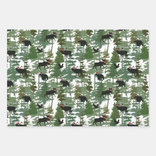 Waldtiere in Weihnachtsmannmützen Geschenkpapier Set (Vorderseite)