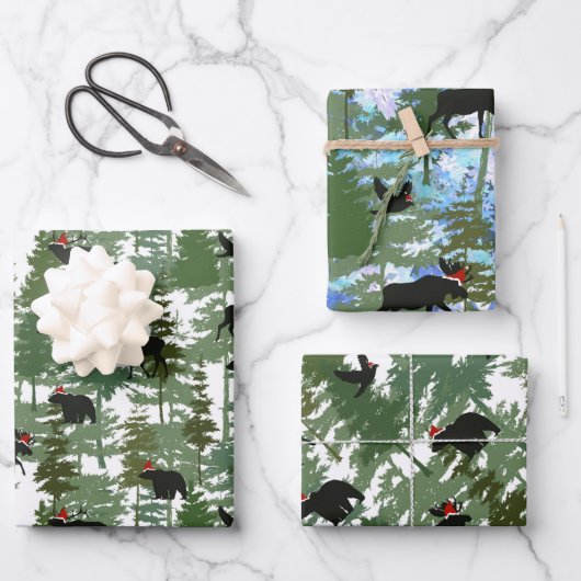 Waldtiere in Weihnachtsmannmützen Geschenkpapier Set (Vorderseite)