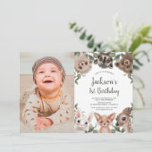 Waldtiere Jungen 1. Geburtstag Foto Einladung (Stehend Vorderseite)