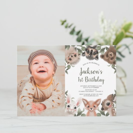 Waldtiere Jungen 1. Geburtstag Foto Einladung (Stehend Vorderseite)
