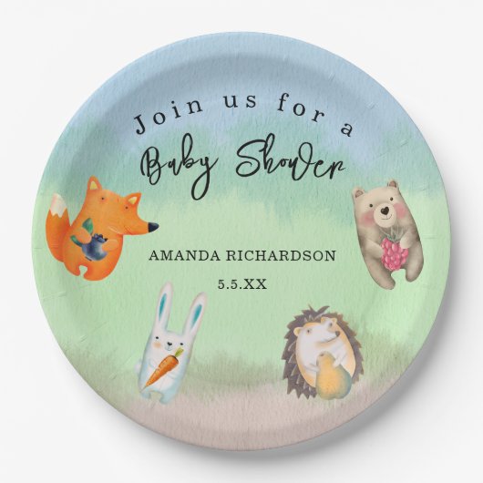 Waldtiere Kinderdusche Pappteller (Vorderseite)