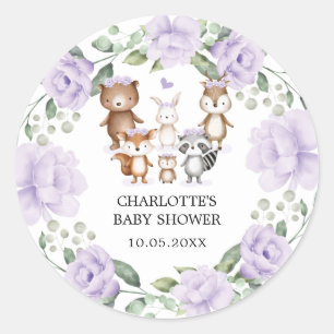 Waldtiere Lila Blume Wreath Baby Girl Runder Aufkleber