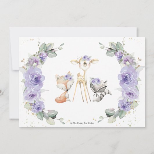 Waldtiere Lila Blumengärten Geburtstag Einladung (Rückseite)