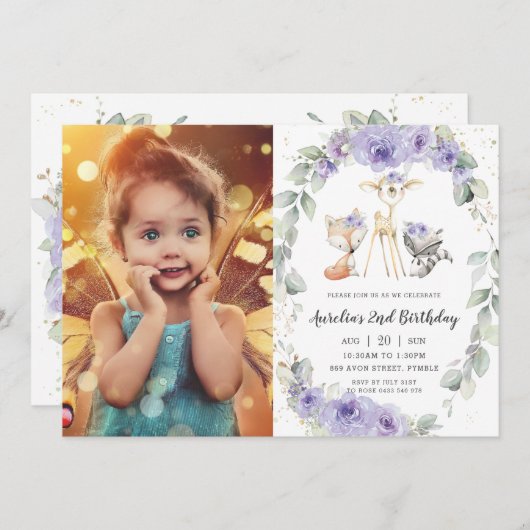 Waldtiere Lila Blumengärten Geburtstag Einladung (Vorne/Hinten)