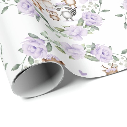 Waldtiere Lila Blumenreath Geburtstag Geschenkpapier (Rolleneckpunkt)