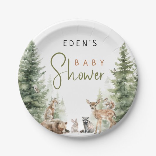 Waldtiere mit Name Baby Dusche Pappteller (Vorderseite)