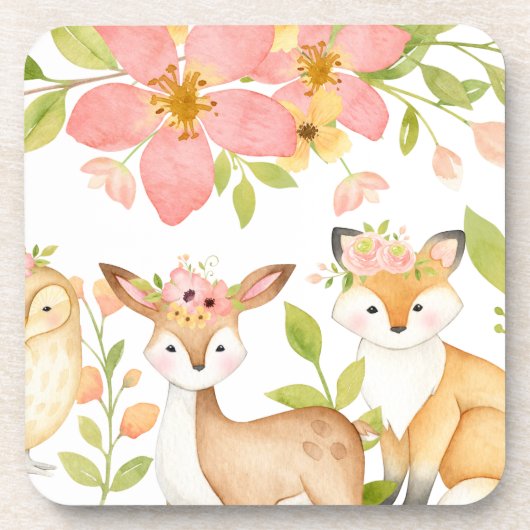 Waldtiere mit rosa Floralwald Getränkeuntersetzer (Vorderseite)