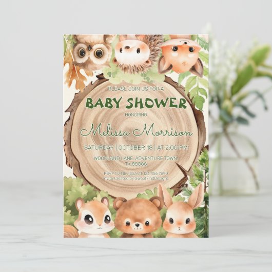 Waldtiere Naturwald Kinderdusche Einladung (Stehend Vorderseite)