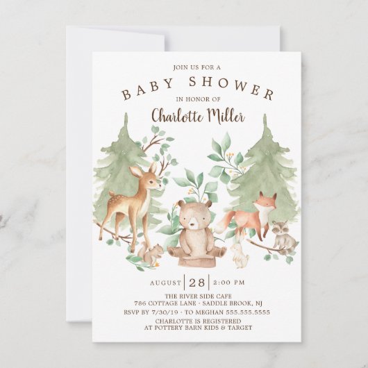 Waldtiere neutrale Babydusche Einladung (Vorderseite)