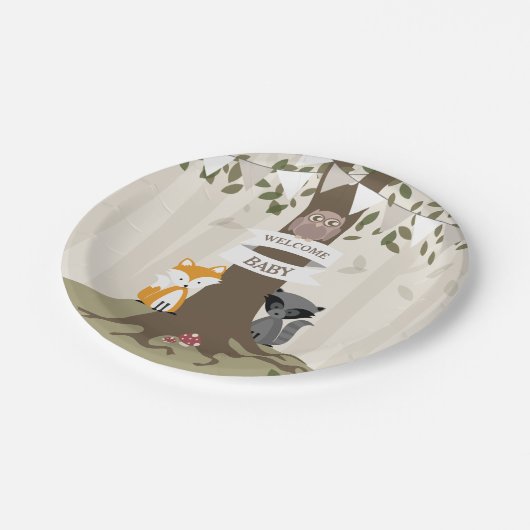 Waldtiere neutrale Babydusche Pappteller (Schrägansicht)