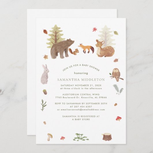 Waldtiere Niedliche Kinderdusche Einladung (Vorne/Hinten)